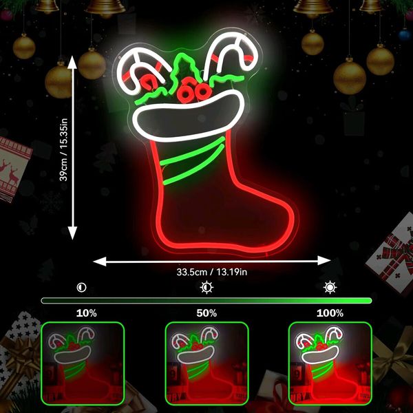 Christmas Neon Signs for Wall Decor Dimmable Christmas Stocking LED Signs for Bedroom Party Hanging Xmas Neon Wall Light