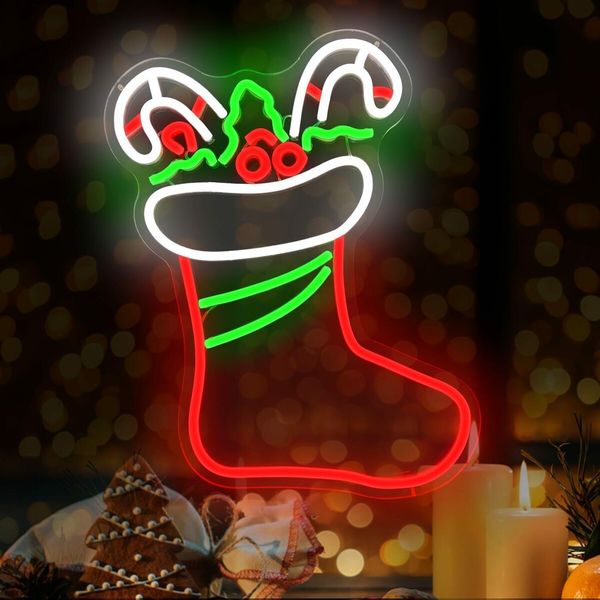 Christmas Neon Signs for Wall Decor Dimmable Christmas Stocking LED Signs for Bedroom Party Hanging Xmas Neon Wall Light