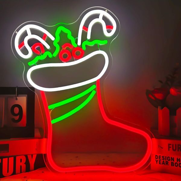 Christmas Neon Signs for Wall Decor Dimmable Christmas Stocking LED Signs for Bedroom Party Hanging Xmas Neon Wall Light