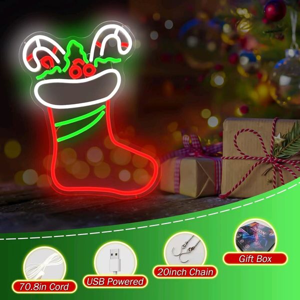 Christmas Neon Signs for Wall Decor Dimmable Christmas Stocking LED Signs for Bedroom Party Hanging Xmas Neon Wall Light