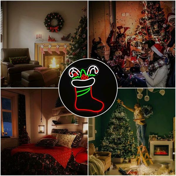 Christmas Neon Signs for Wall Decor Dimmable Christmas Stocking LED Signs for Bedroom Party Hanging Xmas Neon Wall Light