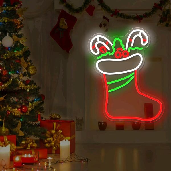 Christmas Neon Signs for Wall Decor Dimmable Christmas Stocking LED Signs for Bedroom Party Hanging Xmas Neon Wall Light