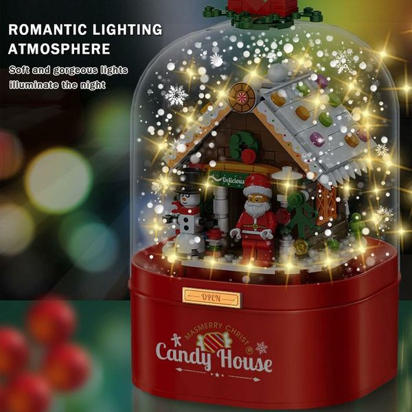 Christmas Music Box Building Block Kit,with Auto Rotating Snow Play Christmas Music for Christmas New Year Gifts