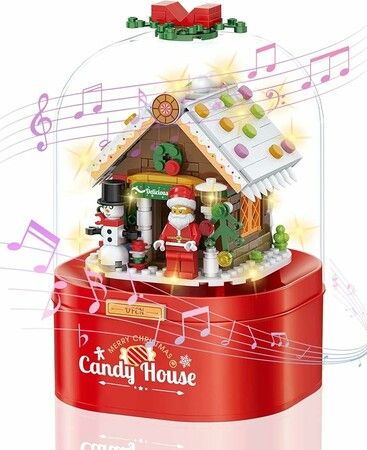 Christmas Music Box Building Block Kit,with Auto Rotating Snow Play Christmas Music for Christmas New Year Gifts