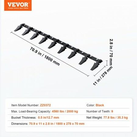 Bucket Tooth Bar 1800mm Heavy Duty Tractor Bucket 9 Teeth Bar for Loader Tractor Skidsteer 2000 kg Load-Bearing Capacity Bolt On Design for Efficient