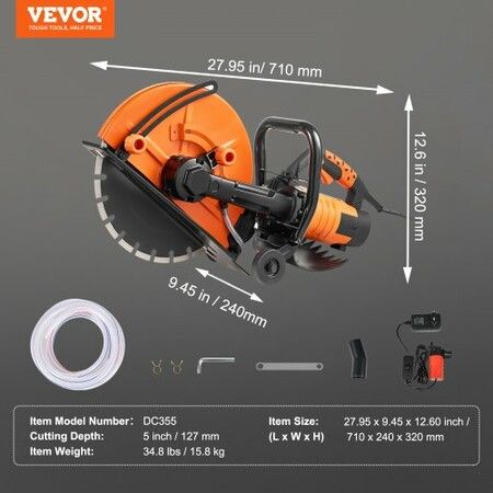 Electric Concrete Saw 14 in 2000 W 15 A Motor Circular Saw Cutter with Max.6 in Adjustable Cutting Depth Wet Disk Saw Cutter Includes Water Line