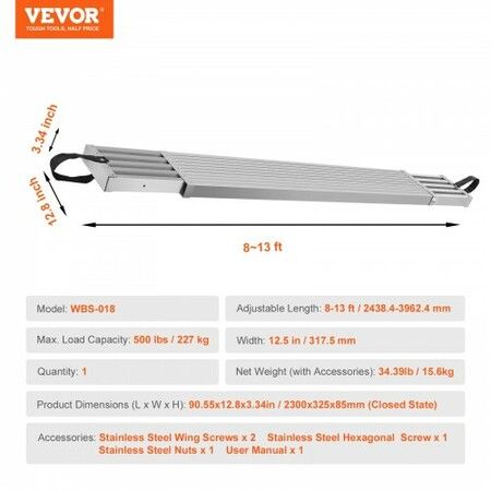 Telescoping Aluminum Work Plank 8-13 Feet 500lbs Capacity 12.5 inch Width Aluminum Scaffold PlankExtension Staging Plank with Skid-Proof Platform Scaffold