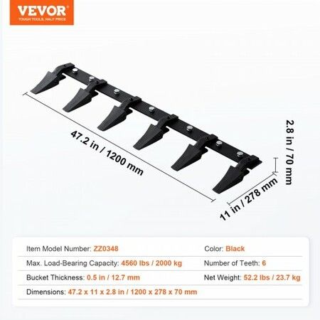 Bucket Tooth Bar 1200 mm Heavy Duty Tractor Bucket 6 Teeth Bar for Loader Tractor Skidsteer 2000 kg Load-Bearing Capacity Bolt On Design for Efficient