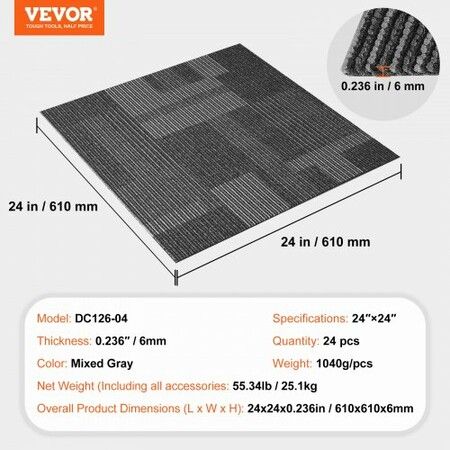 Carpet Tiles Reusable 24"x 24"Carpet Squares With Padding Attached Soft Padded Carpet Tiles Easy Install DIY for Bedroom Living Room (24Tiles Mixed Gray)