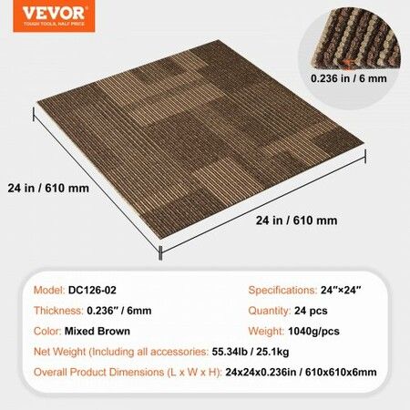 Carpet Tiles Reusable 24"x 24"Carpet Squares With Padding Attached Soft Padded Carpet Tiles Easy Install DIY for Bedroom Living Room (24Tiles Mixed Brown)