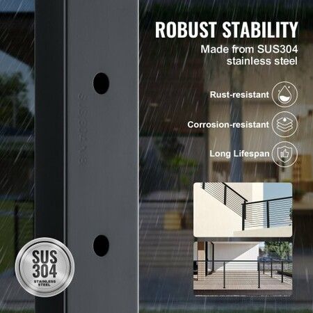 4-Pack Cable Railing Post 42" x 1" x 2" Steel Horizontal Hole Deck Railing Post 12 Pre-Drilled Holes SUS304 Stainless Steel Cable Rail Post Black