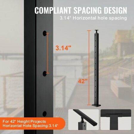 4-Pack Cable Railing Post 42" x 1" x 2" Steel Horizontal Hole Deck Railing Post 12 Pre-Drilled Holes SUS304 Stainless Steel Cable Rail Post Black