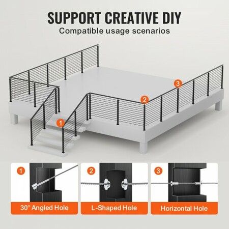 4-Pack Cable Railing Post 42" x 1" x 2" Steel Horizontal Hole Deck Railing Post 12 Pre-Drilled Holes SUS304 Stainless Steel Cable Rail Post Black