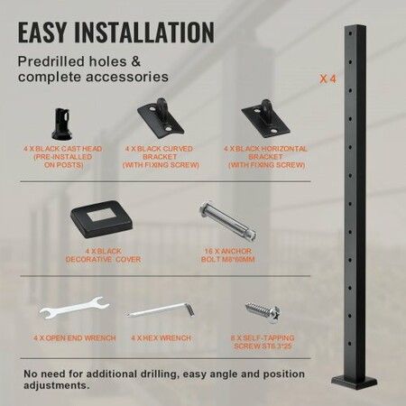 4-Pack Cable Railing Post 42" x 1" x 2" Steel Horizontal Hole Deck Railing Post 12 Pre-Drilled Holes SUS304 Stainless Steel Cable Rail Post Black
