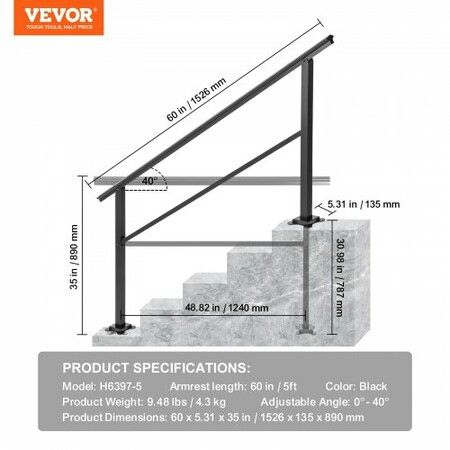 Outdoor Handrail 165LBS Load Handrail Outdoor Stairs Aluminum Stair Handrail 60 x 35" Outdoor Stair Railing Transitional Range from 0 to 30° Staircase