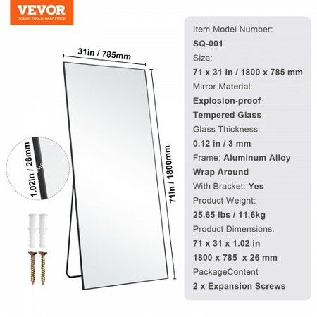 Full Length Mirror 1800x785 mm Extra Large Standing Hanging or Leaning Rectangle Floor Tempered Mirror with Stand Aluminum Alloy Frame Mirror Black