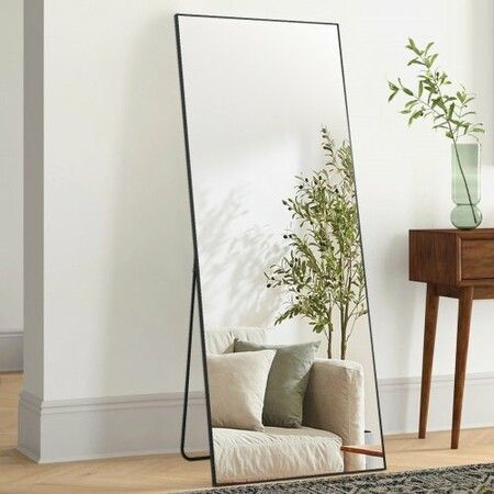 Full Length Mirror 1800x785 mm Extra Large Standing Hanging or Leaning Rectangle Floor Tempered Mirror with Stand Aluminum Alloy Frame Mirror Black