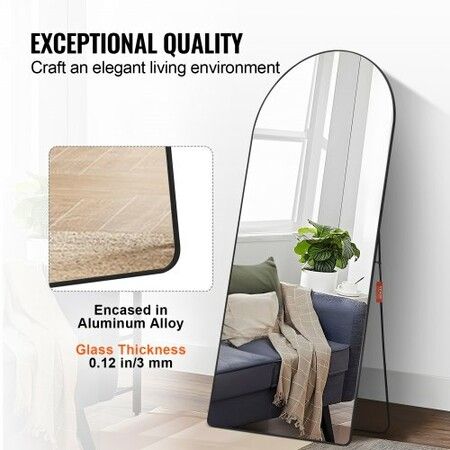 Arched Full Length Mirror 1800 x 810 mm Large Free Standing Leaning Hanging Wall Mounted Floor Mirror with Stand Aluminum Alloy Frame Dressing Mirror Black