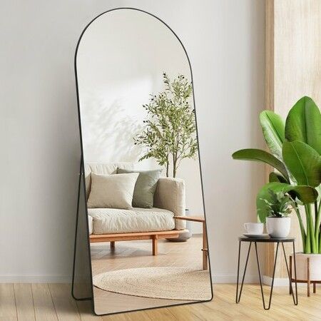 Arched Full Length Mirror 1800 x 810 mm Large Free Standing Leaning Hanging Wall Mounted Floor Mirror with Stand Aluminum Alloy Frame Dressing Mirror Black