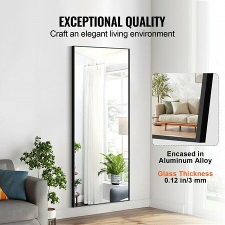 Full Length Mirror 1800x785 mm Extra Large Standing Hanging or Leaning Rectangle Floor Mirror with Tempered Glass Aluminum Alloy Frame Mirror Black