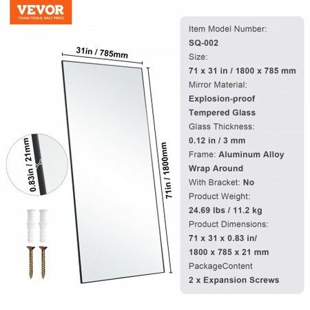 Full Length Mirror 1800x785 mm Extra Large Standing Hanging or Leaning Rectangle Floor Mirror with Tempered Glass Aluminum Alloy Frame Mirror Black