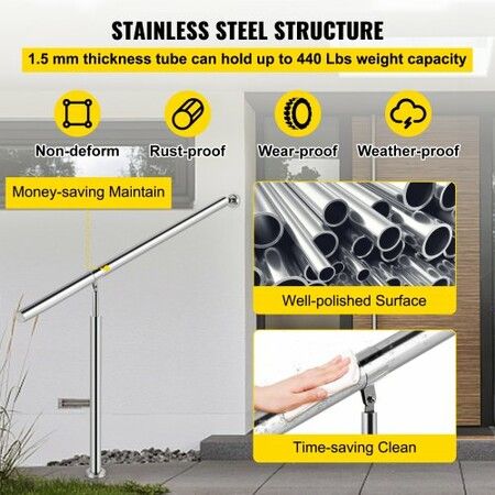 Step Handrail Stainless Steel Stair Railing for In-and Outdoor Use Metal Hand Rails for Steps, 150 x 80 cm, Silver