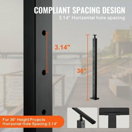 4-Pack Cable Railing Post 36" x 1" x 2" Steel Horizontal Hole Deck Railing Post 10 Pre-Drilled Holes SUS304 Stainless Steel Cable Rail Post