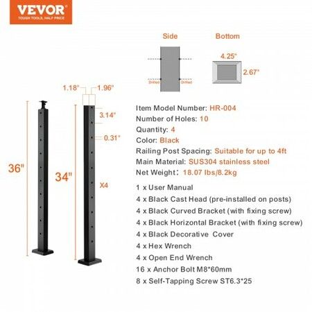 4-Pack Cable Railing Post 36" x 1" x 2" Steel Horizontal Hole Deck Railing Post 10 Pre-Drilled Holes SUS304 Stainless Steel Cable Rail Post