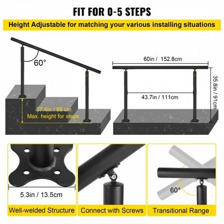 Handrail for Outdoor Steps Aluminum Stair
Handrail Fit 0-5 Steps w/ Installation Kit