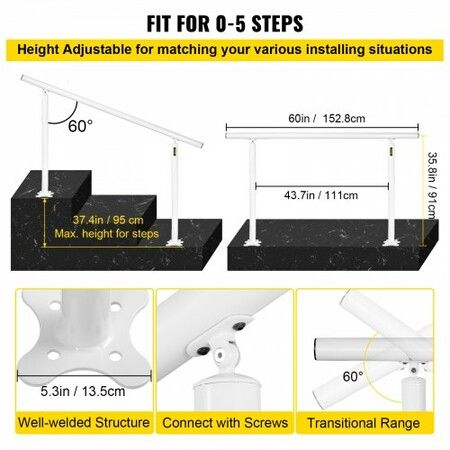 Handrail for Outdoor Steps Aluminum Stair
Handrail Fit 0-5 Steps w/ Installation Kit