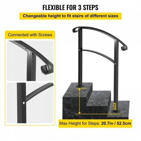 Iron Handrail Stair Railing 1 or 3 Steps Adjustable Matte Black Handrail