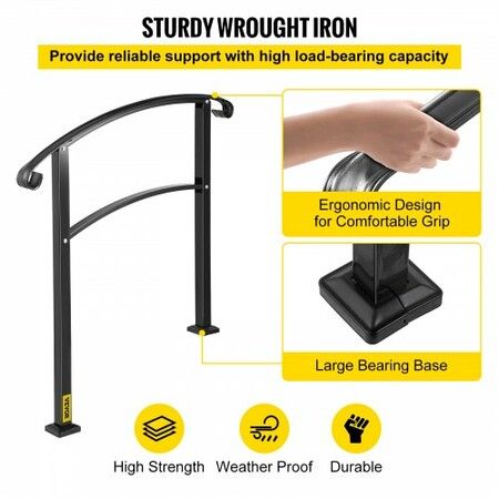 Iron Handrail Stair Railing 1 or 3 Steps Adjustable Matte Black Handrail