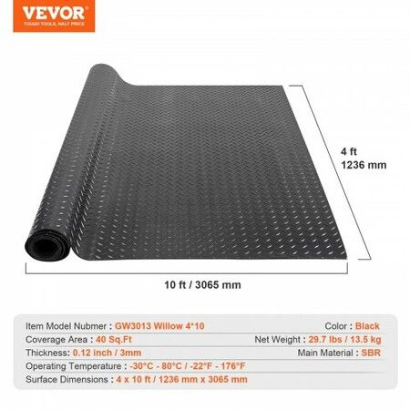 Diamond-Plate Rubber Flooring Roll 3 mm x 4 ft x 10 ft Garage Floor Mat SBR Rubber Garage Flooring Roll Easy to Clean Diamond Plate Rubber Mat