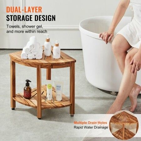 Corner Teak Shower Bench 18.5" Height 15.5" Radius 100% Teak Wood Corner Shower Beach Mold-resistant 228KGS with Storage Shelf Shower Stool