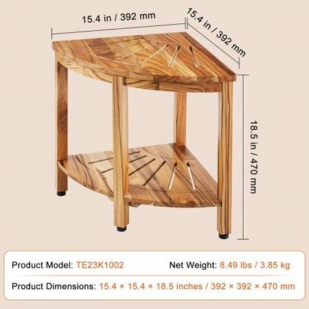 Corner Teak Shower Bench 18.5" Height 15.5" Radius 100% Teak Wood Corner Shower Beach Mold-resistant 228KGS with Storage Shelf Shower Stool