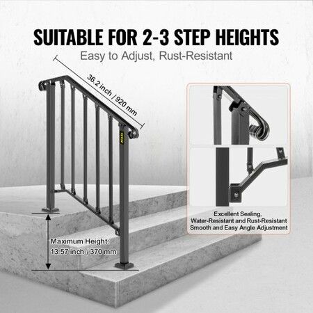 Iron Step Handrail Outdoor Stairs 2 or 3 Steps Adjustable Black Handrail