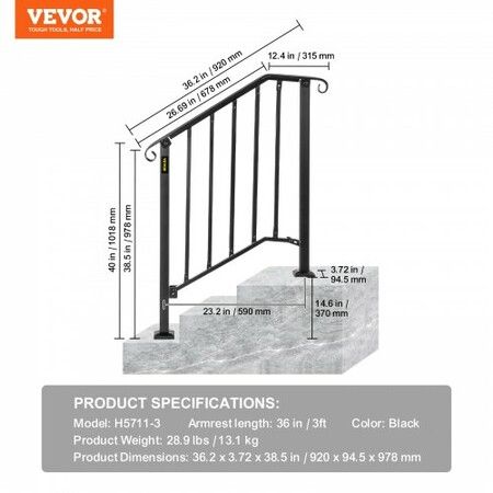 Iron Step Handrail Outdoor Stairs 2 or 3 Steps Adjustable Black Handrail