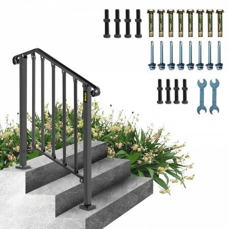 Iron Step Handrail Outdoor Stairs 2 or 3 Steps Adjustable Black Handrail