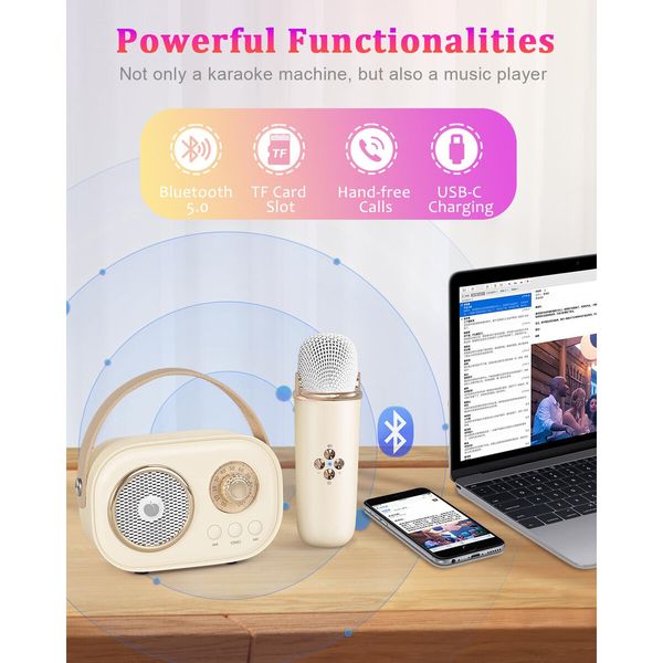 Mini Karaoke Machine,Portable Bluetooth Speaker with 2 Wireless Microphones and Stereo Sound Enhanced Bass,Gifts forAge3+ Home Party (Beige)