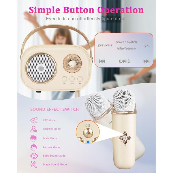 Mini Karaoke Machine,Portable Bluetooth Speaker with 2 Wireless Microphones and Stereo Sound Enhanced Bass,Gifts forAge3+ Home Party (Beige)