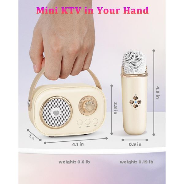 Mini Karaoke Machine,Portable Bluetooth Speaker with 2 Wireless Microphones and Stereo Sound Enhanced Bass,Gifts forAge3+ Home Party (Beige)