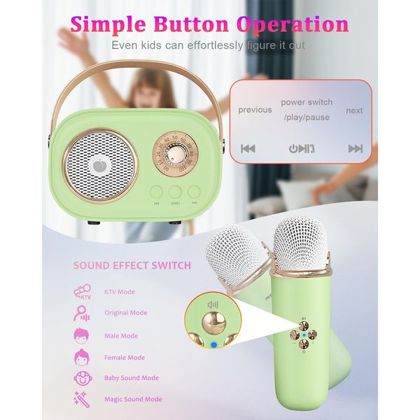 Mini Karaoke Machine,Portable Bluetooth Speaker with 2 Wireless Microphones and Stereo Sound Enhanced Bass,Gifts forAge3+ Home Party (Green)