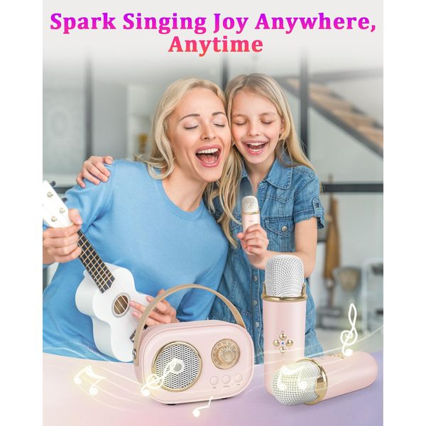 Mini Karaoke Machine,Portable Bluetooth Speaker with 2 Wireless Microphones and Stereo Sound Enhanced Bass,Gifts for Age3+ (Pink)