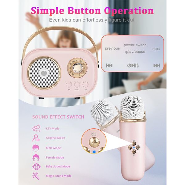 Mini Karaoke Machine,Portable Bluetooth Speaker with 2 Wireless Microphones and Stereo Sound Enhanced Bass,Gifts for Age3+ (Pink)