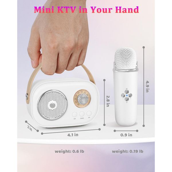 Mini Karaoke Machine,Portable Bluetooth Speaker with 2 Wireless Microphones and Stereo Sound Enhanced Bass,Gifts forAge3+ Home Party (White)