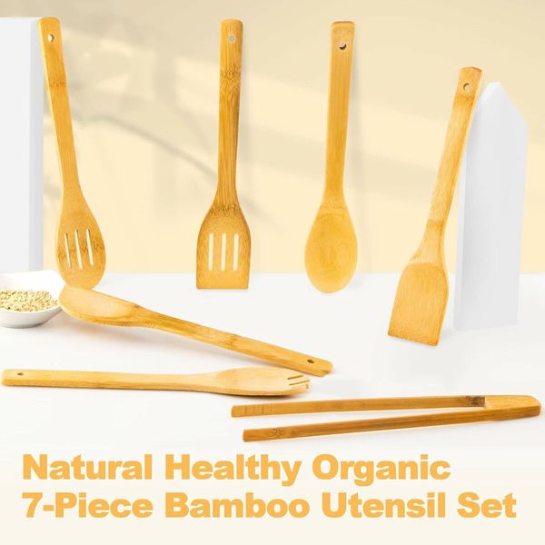 Bamboo Spoons for Cooking 7 Piece, Kitchen Nonstick Bamboo Cooking Utensils Set, Durable and Healthy Bamboo Wooden Spatula Spoon for Cooking