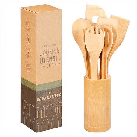 Bamboo Spoons for Cooking 7 Piece, Kitchen Nonstick Bamboo Cooking Utensils Set, Durable and Healthy Bamboo Wooden Spatula Spoon for Cooking