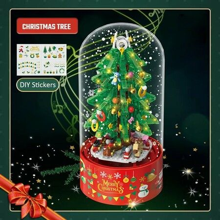 629PCS Christmas Tree Drifting Snow Rotating Music Box Building Blocks DIY Santa Claus Figures Decoration Bricks Kids Toys Gifts