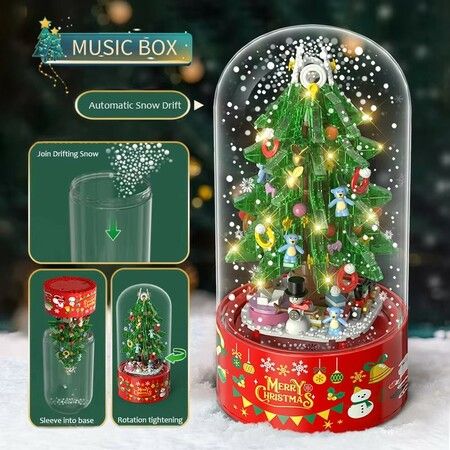 629PCS Christmas Tree Drifting Snow Rotating Music Box Building Blocks DIY Santa Claus Figures Decoration Bricks Kids Toys Gifts