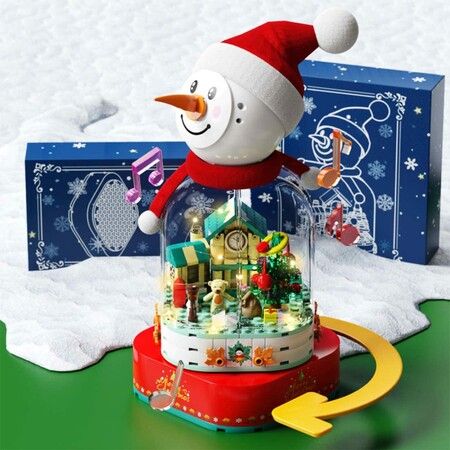 Christmas Music Box Building Block Kit,with Auto Rotating Snowman Play Christmas Music for Christmas New Year Gifts